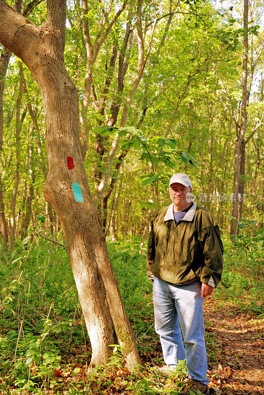 在森林中徒步旅行的人靠树和标记