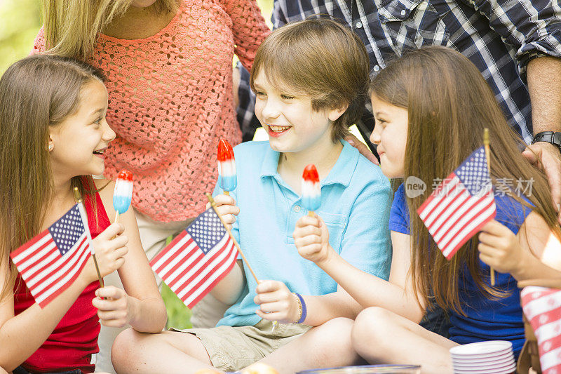 一家人享受7月4日的夏季野餐。美国国旗。