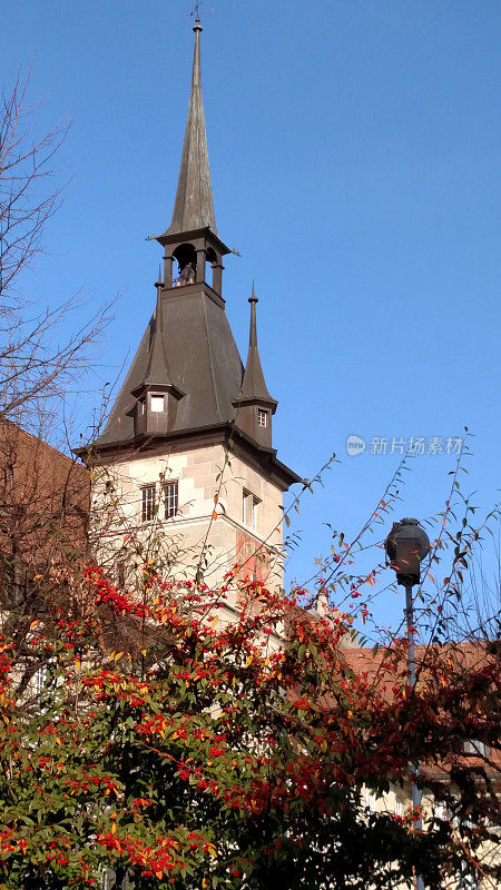 瑞士洛桑的秋花和历史悠久的尖塔