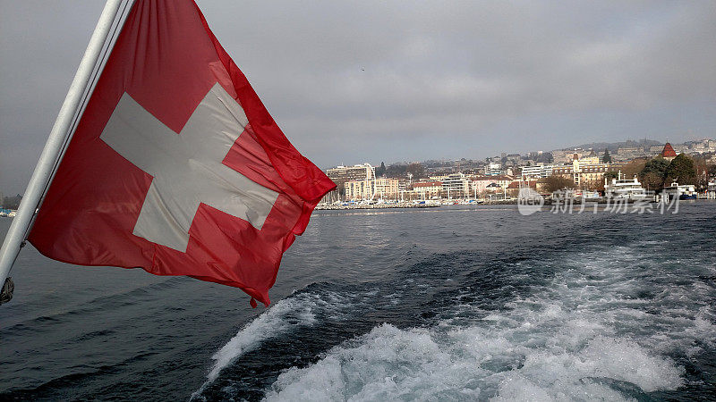 瑞士国旗渡船日内瓦湖洛桑岸沃瑞士