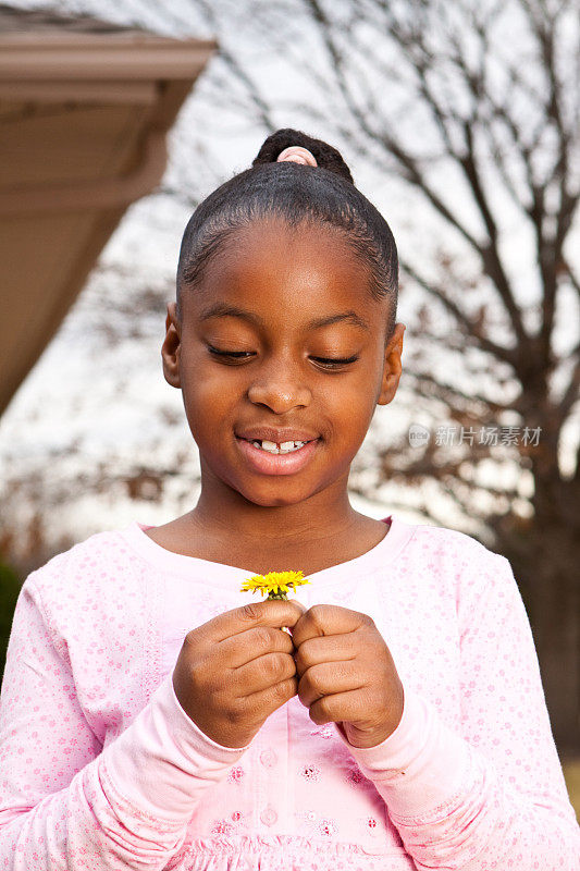 美丽的非洲裔美国女孩拿着一朵花