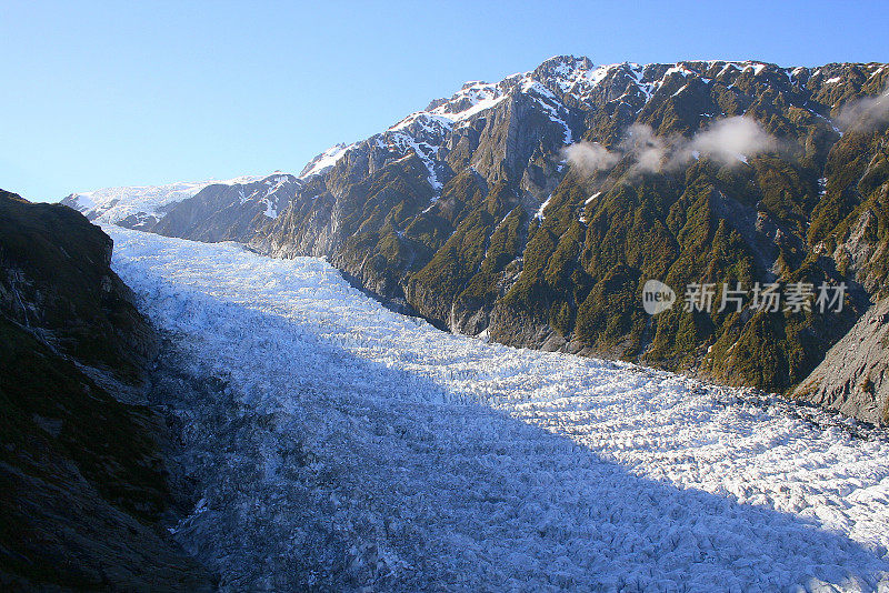 鸟瞰雄伟的弗朗茨约瑟夫冰川在田园诗般的南阿尔卑斯山，韦斯特兰国家公园，新西兰南部