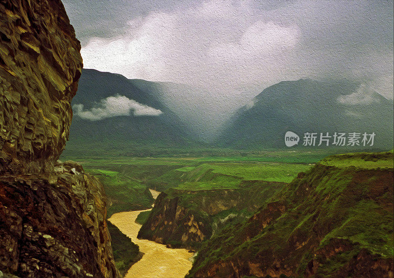 跳虎峡，云南，中国，油画风格化