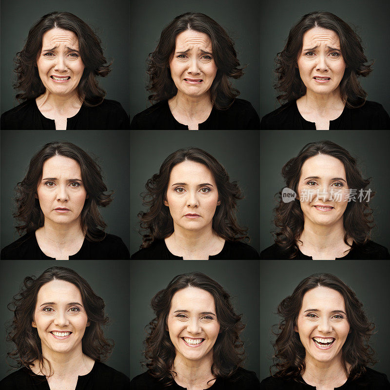 九幅女人做许多鬼脸的图片拼贴画