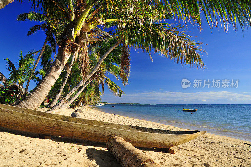 马达加斯加沃希拉瓦:椰子树下的独木舟，海滩景色