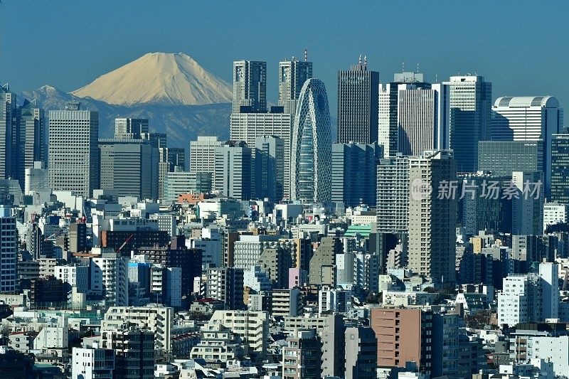 富士山和东京的天际线:白天和晚上