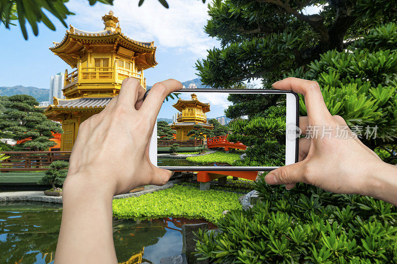 在南莲花园金亭寺正景用手机拍照的女孩