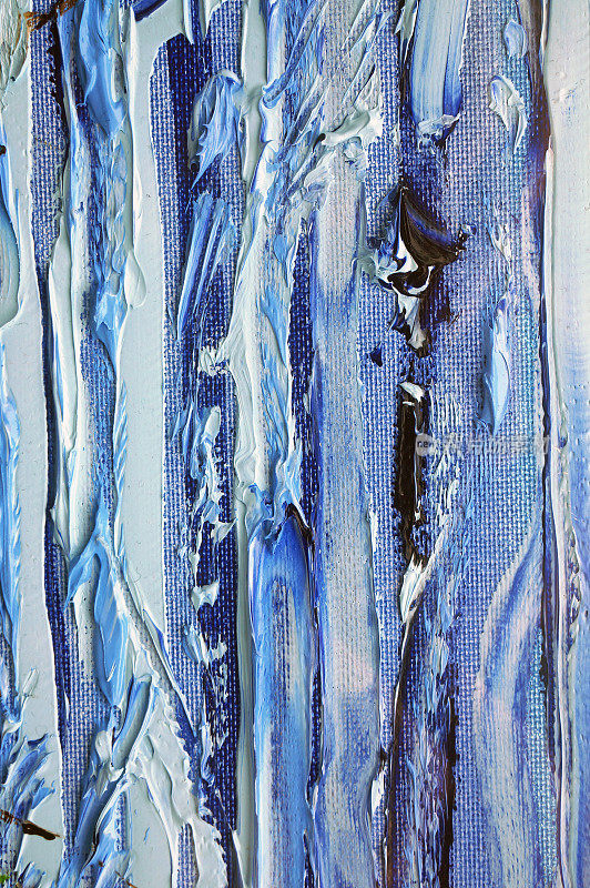 抽象的混乱随意的垂直点点波蓝色油画在白色画布上。简单的背景概念