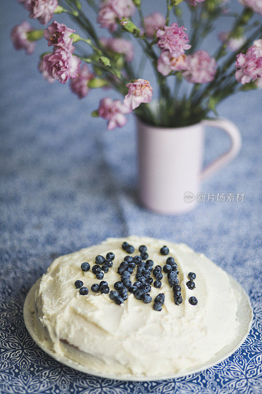 生日香草蛋糕，上面有蓝莓