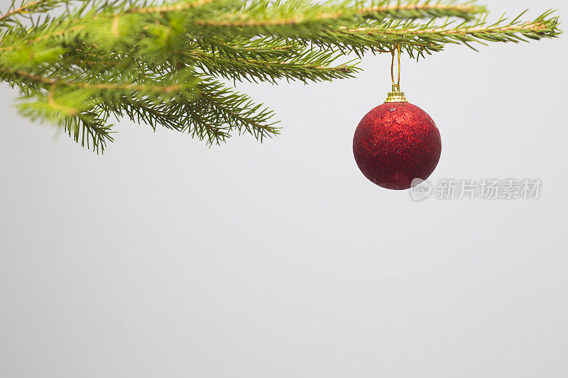 红年球装饰品挂在冷杉树枝上