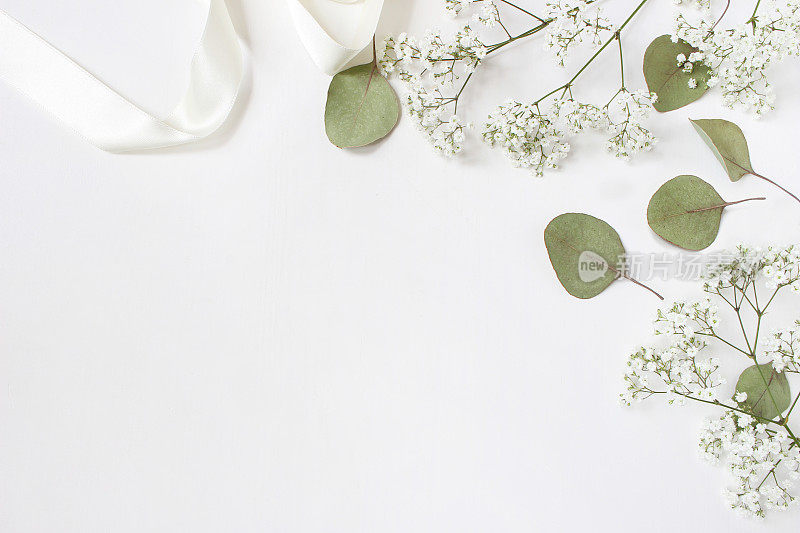 风格的库存图片。女性婚礼桌面模型与婴儿的呼吸Gypsophila花，干绿色桉树叶，缎带和白色背景。空的空间。前视图。图片博客