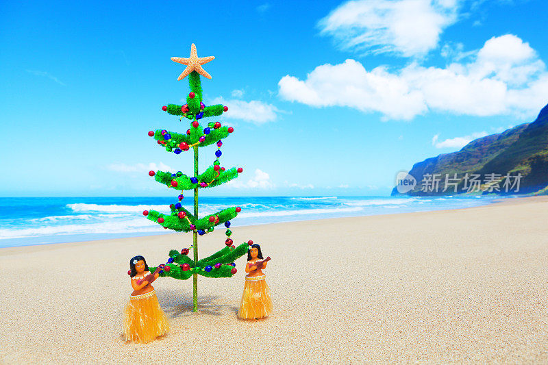 热带度假海滩上的圣诞树和草裙舞
