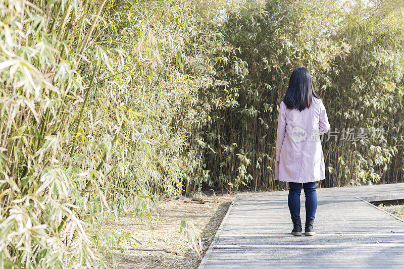 年轻女性拿着一次性杯子走在公园小径上