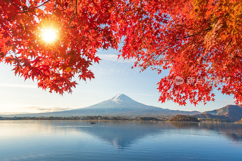 早晨的富士山和川口湖，秋季的富士山在山町。