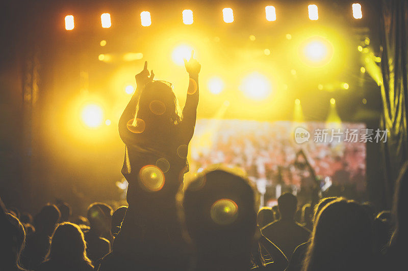 在一场摇滚音乐会中，兴奋的歌迷欢呼、跳舞、玩乐