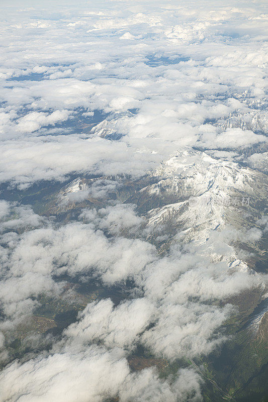 鸟瞰图的雪山山峰在欧洲阿尔卑斯山从窗口的商业飞机飞行头顶。