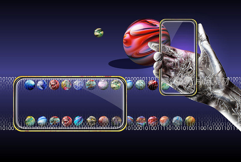 金属机器人的手拿着5G智能手机。在后面，你会发现二进制代码和一堆彩色的球体应用程序。