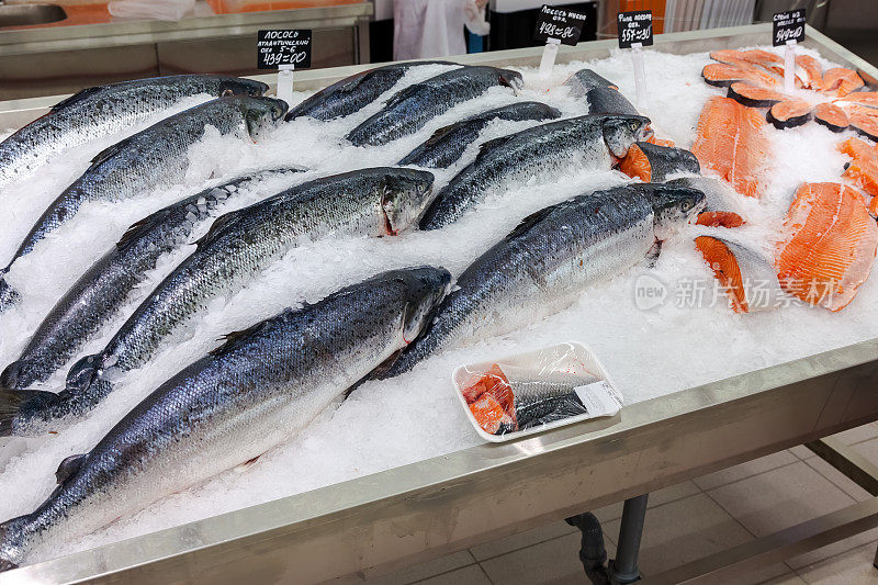 2014年9月23日，俄罗斯萨马拉:冰镇生鱼在Magnit超市出售。俄罗斯最大的零售商。