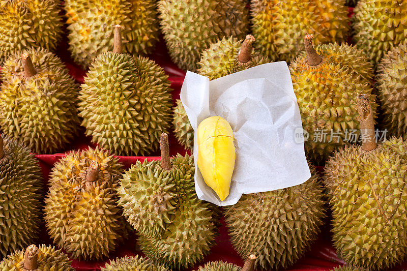 大榴莲肉片上的榴莲水果成排上市