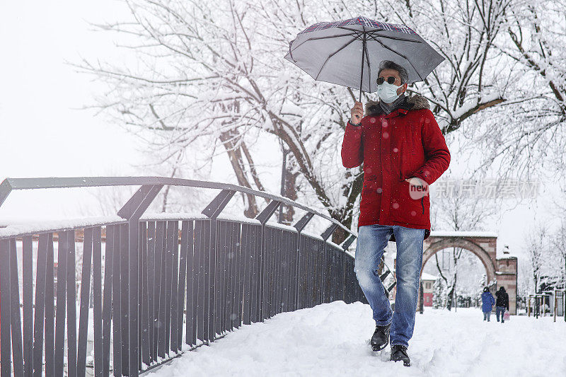 穿红衣服的人在雪中行走