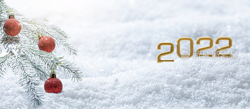 圣诞节和新年金色数字2022，冷杉树和红色的圣诞球在蓝色和白色的雪背景