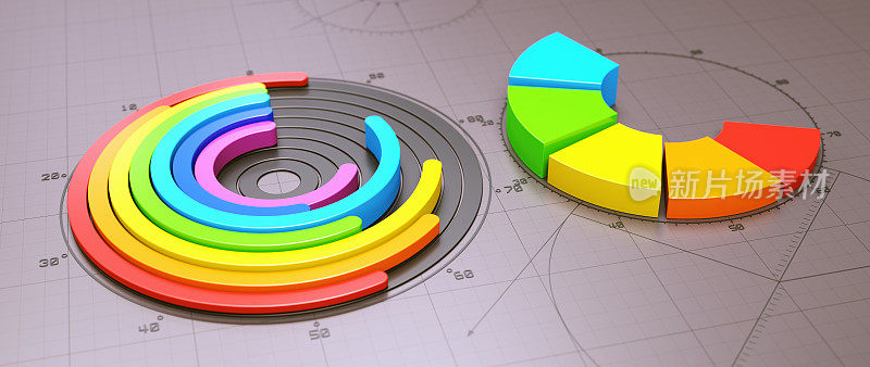彩色甜甜圈图表设计在灰色工程蓝图表面。宽横向，特写构图。