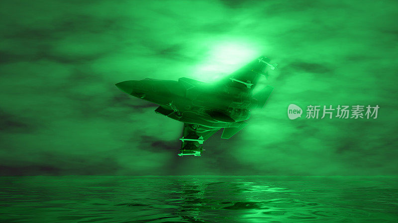 战斗喷气式飞机在雾中飞行，绿灯亮