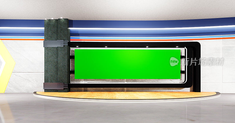电视演播室，虚拟演播室设置。理想的绿色屏幕合成。