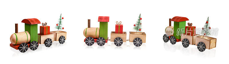 圣诞玩具火车孤立在白色背景。不同的观点