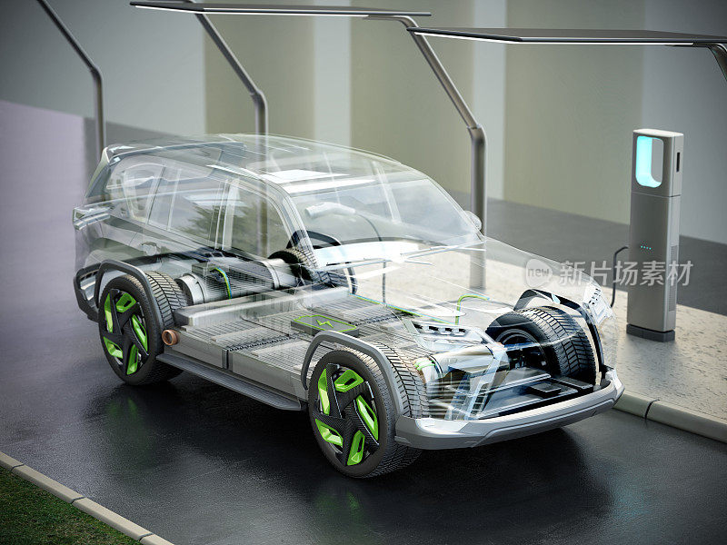电动SUV，透明的车身和底盘，电动机和电池。