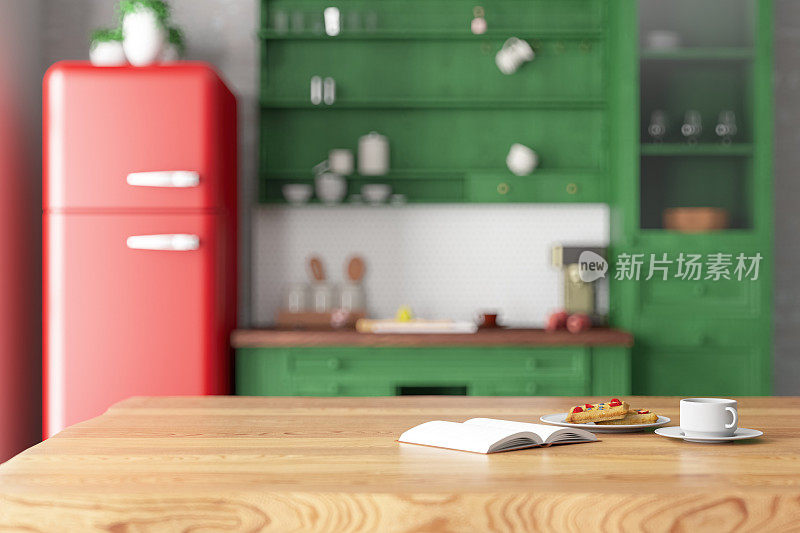 台面配有绿色复古厨房家具