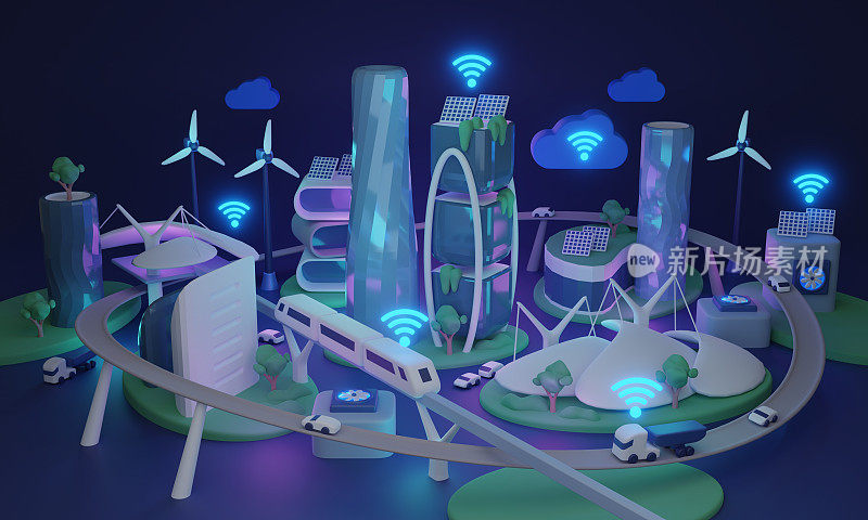 智慧城市和城市与物联网和5G连接的3D插图概念