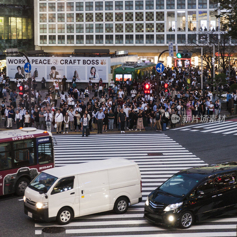 日本东京市中心涩谷十字路口的交通和行人