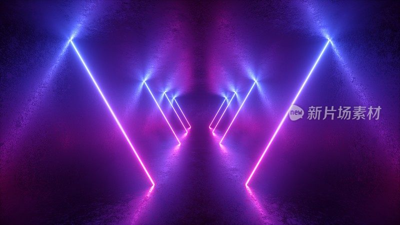 3d渲染，霓虹灯抽象背景，空房间，隧道，走廊，发光的线条，几何，紫外线