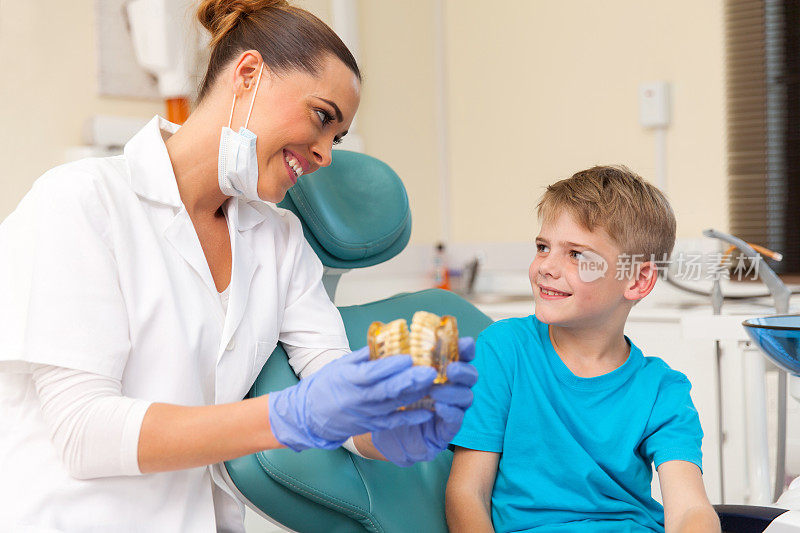 女牙医向小病人讲解牙齿模型