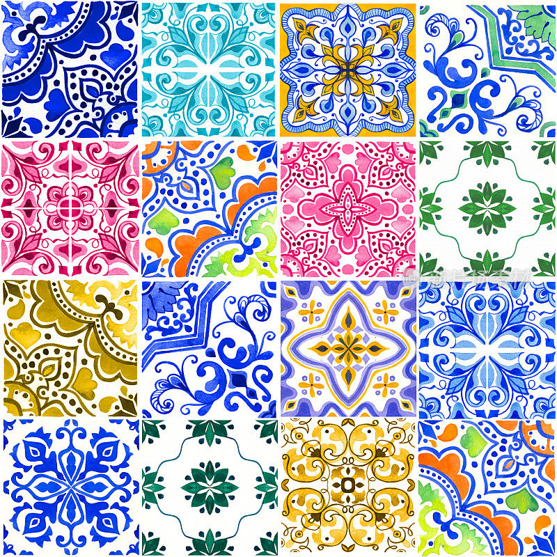 无缝模式与葡萄牙瓷砖。水彩插图的阿祖莱霍在白色的背景。多色设计
