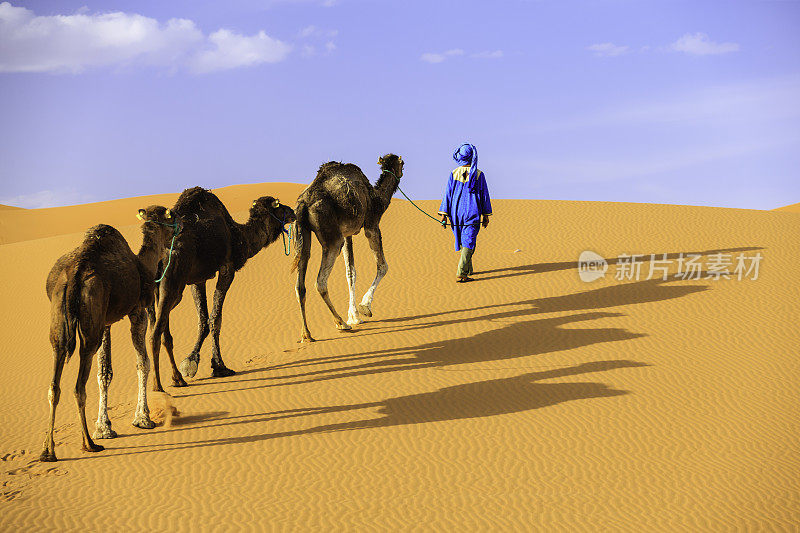 在非洲西撒哈拉沙漠，年轻的图阿雷格人和骆驼