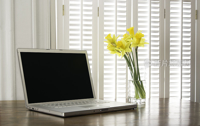 笔记本电脑和春天的水仙花