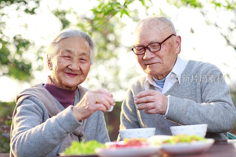 快乐的亚洲老夫妇一起吃午饭