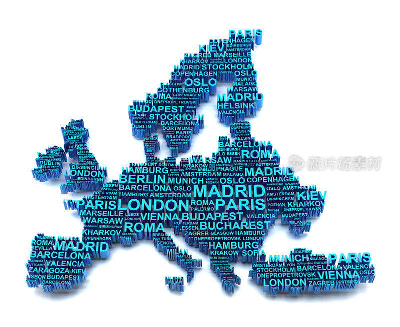 欧洲地图由主要城市的名字组成