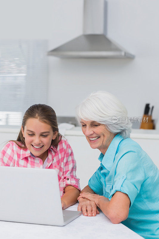 微笑的女孩使用笔记本电脑和她的祖母