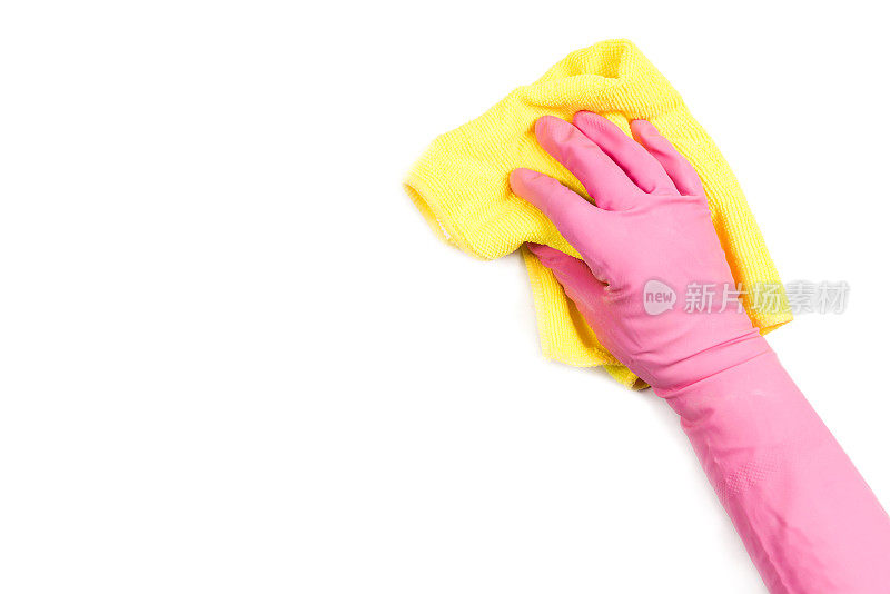 洗碗手套和黄色抹布隔离在白色背景上