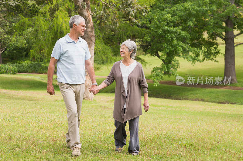 幸福的老夫妇手牵着手在公园散步