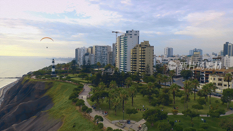 油画全景鸟瞰图米拉弗洛雷斯区海岸线在利马，秘鲁