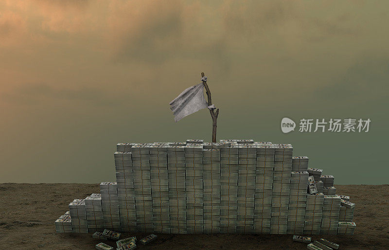 阴沉的天空下，一堆美元后面挂着一面白旗