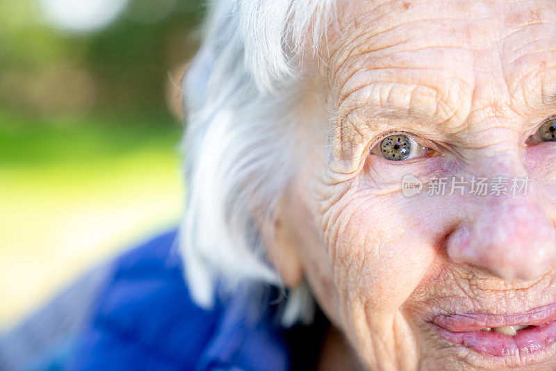 美丽，尖锐，聪明的老年白人妇女独特的斑点漂亮的眼睛和脸在夏天的户外