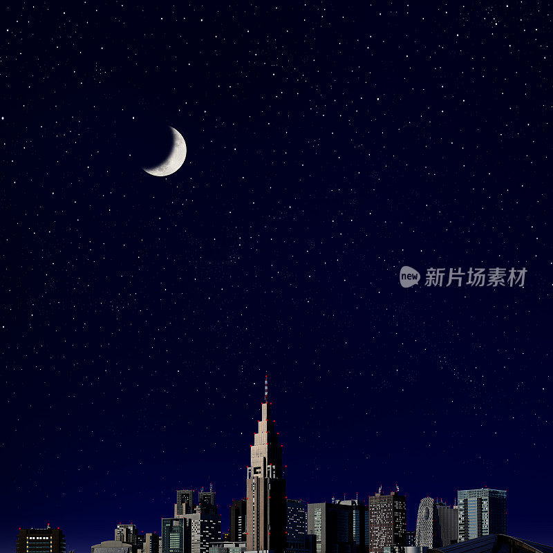 新月从东京新宿天际升起。