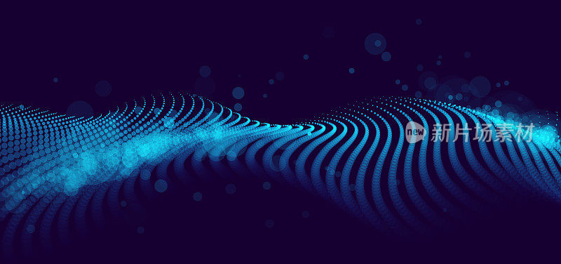 美丽的矢量抽象背景飞行粒子运动，波浪线流动大数据技术和科学主题，三维点阵列流动的运动，纳米技术。