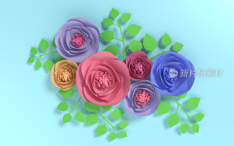 彩色的布玫瑰花在蓝色背景代表爱情和情人节