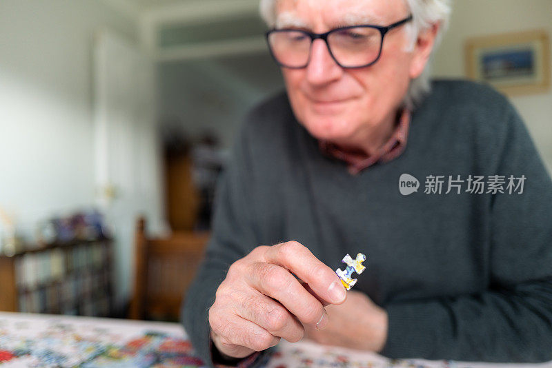 老人在家玩拼图游戏